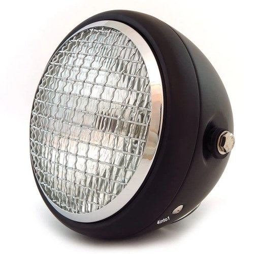 6.5" Side Mount H4 Halogen Motorcycle Headlight w/ Grill - Matte Black Chrome