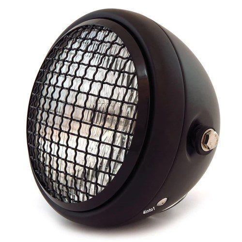6.5" Side Mount H4 Halogen Motorcycle Headlight w/ Grill Matte Black Gloss Black