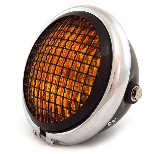5.75" Halogen Motorcycle Headlight w/ Grill - Matte Black - Chrome Gloss - Amber
