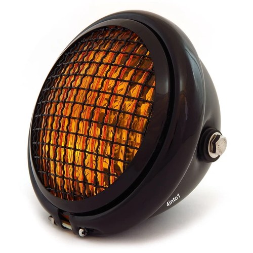5.75" Halogen Motorcycle Headlight w/ Grill - Matte Black Gloss Black - Amber