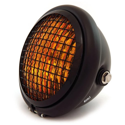 5.75" Halogen Motorcycle Headlight w/ Grill - Matte Gloss Black Amber