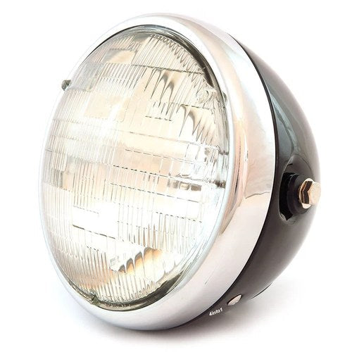 7" Custom Side Mount Motorcycle Headlight H4 Halogen Gloss Black Chrome - Clear