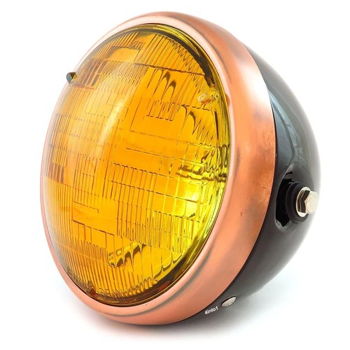 7" Custom Side Mount Motorcycle Headlight - Gloss Black Bronze Amber H4 Halogen