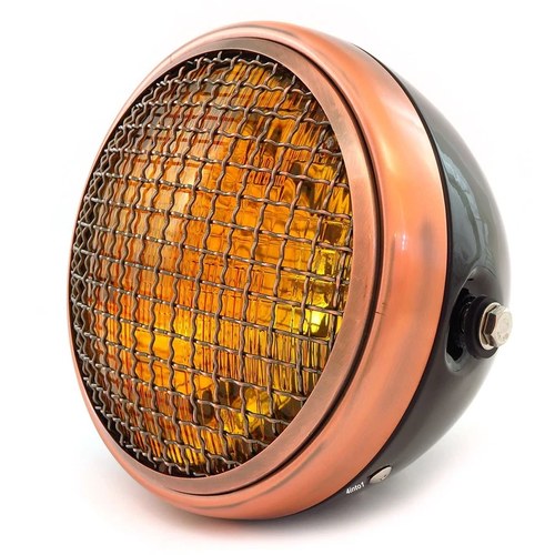 7" Side Mount Motorcycle H4 Halogen Headlight w/ Grill Gloss Black Bronze Amber