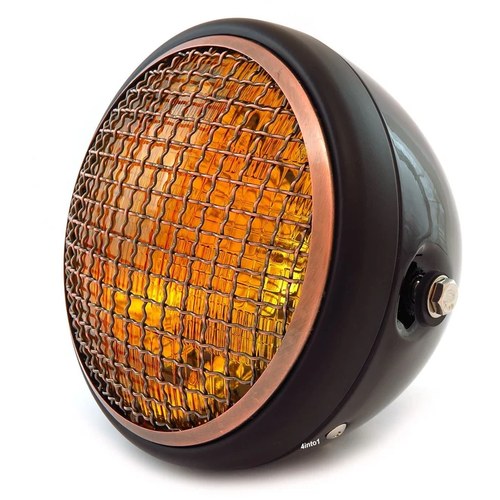 7" Side Mount Motorcycle Headlight Gloss/Matte Black Bronze Grill Amber Halogen