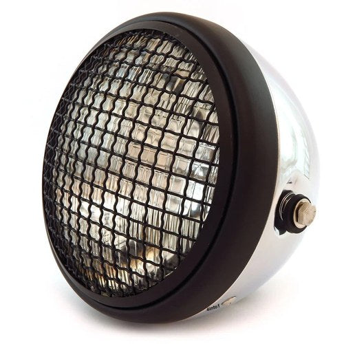 7" Side Mount Motorcycle H4 Halogen Headlight w/ Grill Chrome Matte Black Clear