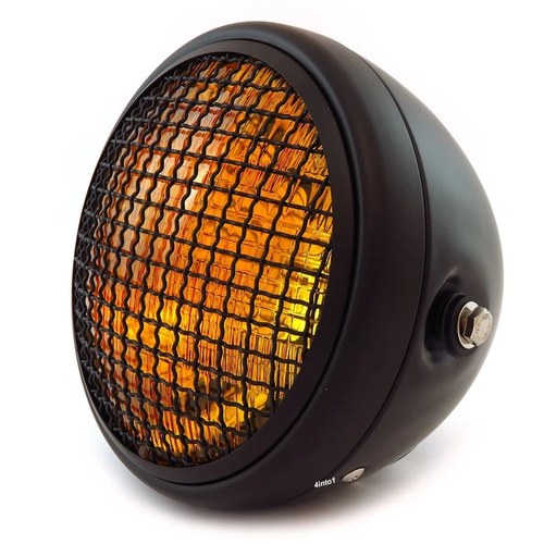 7" Custom Side Mount Motorcycle Headlight w/ Grill H4 Halogen Matte Black Amber