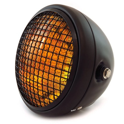 7" Side Mount Motorcycle Headlight w/ Grill - Matte Gloss Black Amber H4 Halogen