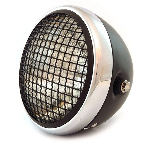 7" Side Mount Motorcycle Headlight w/ Grill Matte Black Chrome Clear H4 Halogen