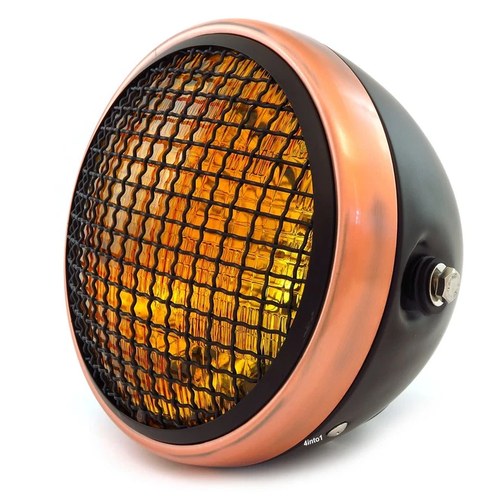 7" Side Mount Motorcycle H4 Halogen Headlight w/ Grill Matte Black Bronze Amber
