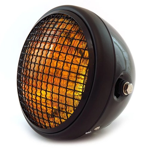 7" Side Mount Motorcycle Headlight w/ Grill - Gloss/Matte Black Amber H4 Halogen