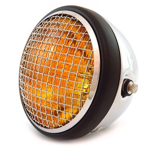 7" Side Mount Motorcycle H4 Halogen Headlight w/ Grill Chrome Matte Black Amber