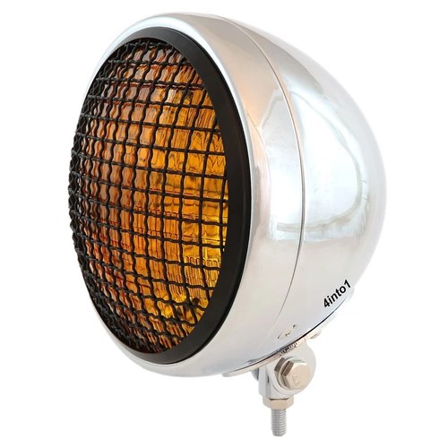 7" Bottom Mount Motorcycle H4 Halogen Headlight w/ Grill - Chrome Black Amber