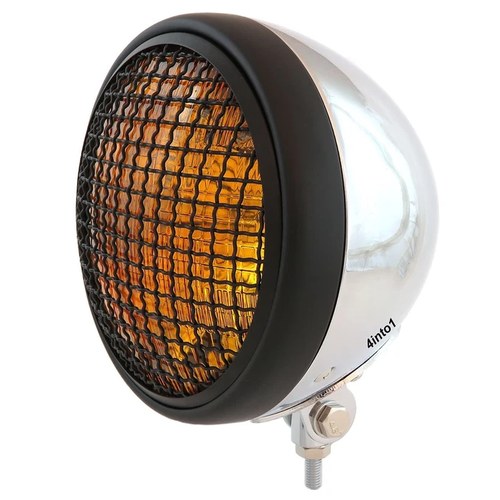 7" Bottom Mount Motorcycle H4 Halogen Headlight w/ Grill - Chrome Black - Amber