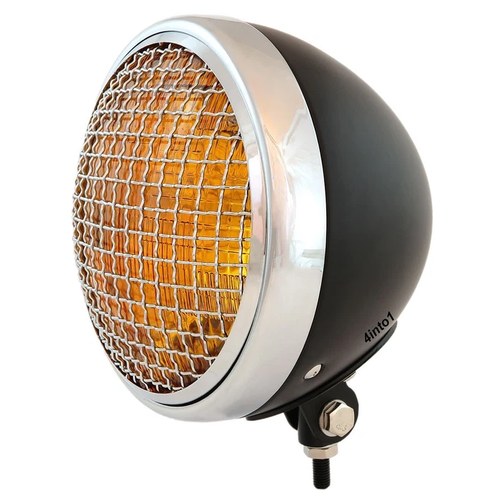 7" Bottom Mount Motorcycle Headlight w/ Grill - Black Chrome - Amber H4 Halogen