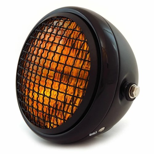 6.5" Side Mount H4 Halogen Motorcycle Headlight w/ Grill Matte Gloss Black Amber