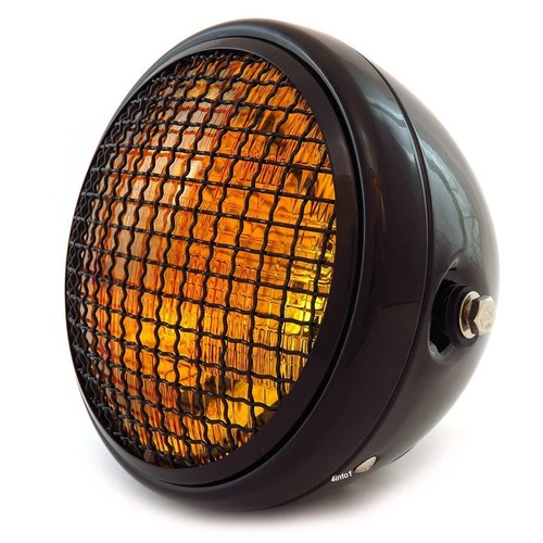 7" Side Mount Custom Motorcycle Headlight w/ Grill Gloss Black Amber H4 Halogen