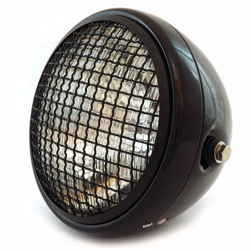 7" Side Mount Motorcycle Headlight w/ Grill - Gloss Matte Black Clear H4 Halogen