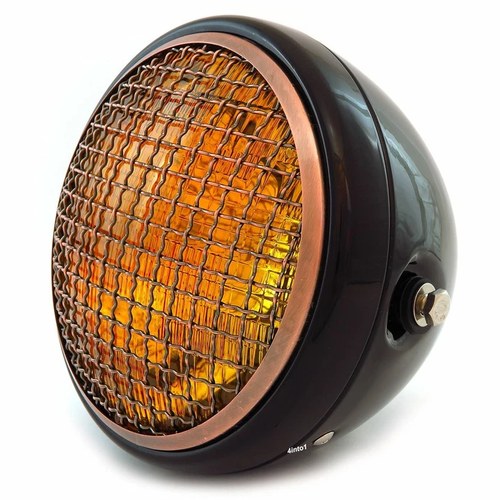 7" Side Mount Motorcycle Headlight - Gloss Black Bronze Grill - Amber H4 Halogen