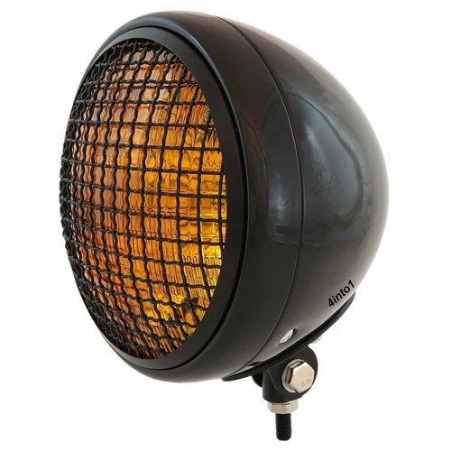 7" Bottom Mount Motorcycle Headlight Spotlight w/ Grill - Black Amber H4 Halogen