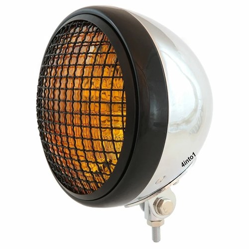 7" Bottom Mount Motorcycle Headlight w/ Grill - Chrome Black - Amber H4 Halogen