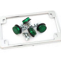 Chrome Motorcycle License Plate Frame w/ 4 Green Reflector Bolts Set