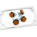 Chrome Motorcycle License Plate Frame w/ 4 Amber Reflector Bolts Set