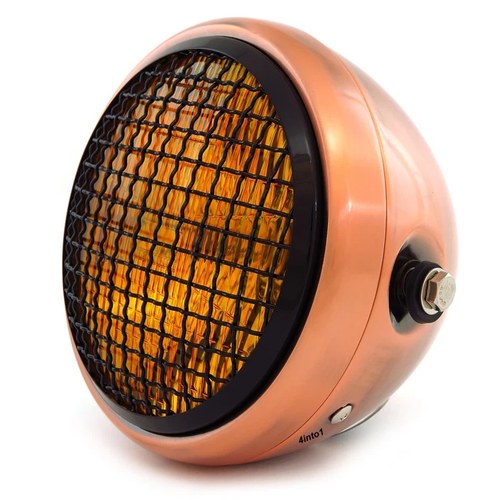 6.5" Side Mount H4 Halogen Motorcycle Headlight w/ Grill - Bronze Black Amber