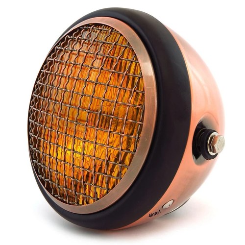 6.5" Side Mount H4 Halogen Motorcycle Headlight w/ Grill - Bronze Black Amber