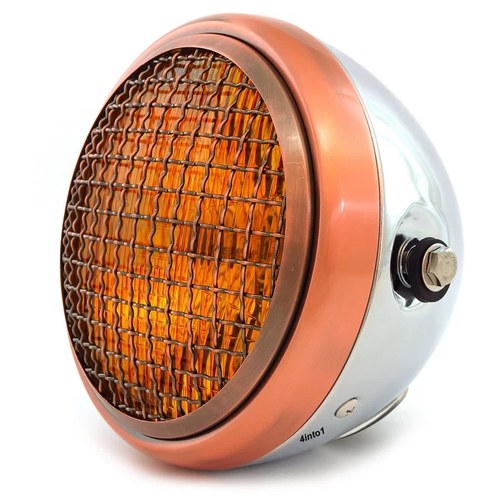 6.5" Side Mount H4 Halogen Motorcycle Headlight w/ Grill - Chrome Bronze Amber