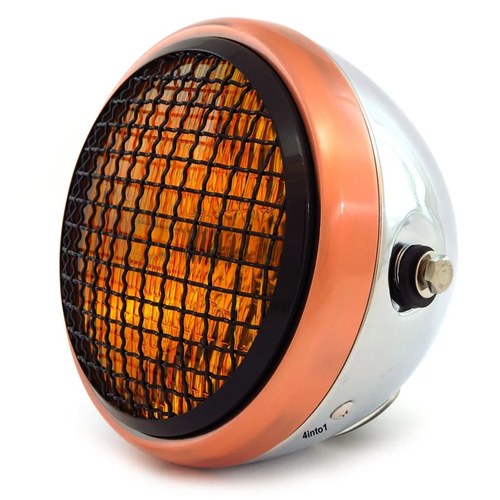 6.5" H4 Halogen Motorcycle Headlight w/ Grill - Chrome Bronze Gloss Black Amber