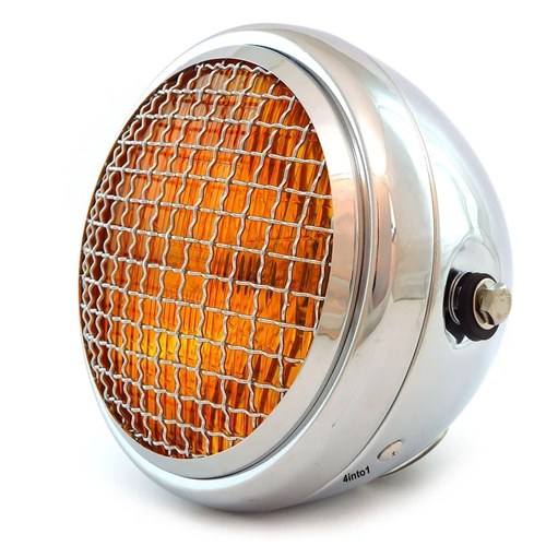 6.5" Side Mount H4 Halogen Motorcycle Headlight w/ Grill - Chrome Amber