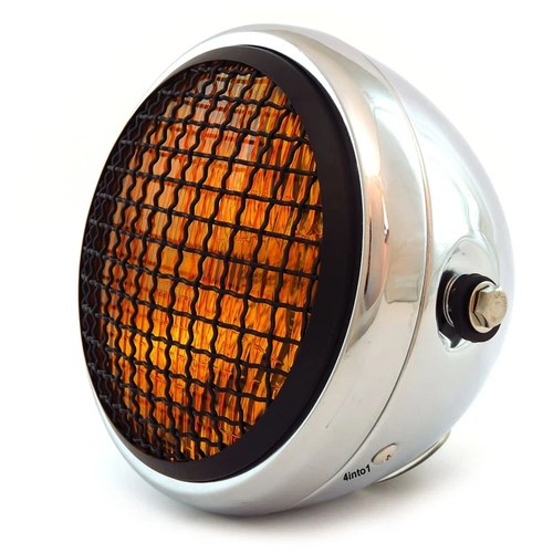6.5" Side Mount H4 Halogen Motorcycle Headlight w/ Grill - Chrome Black Amber