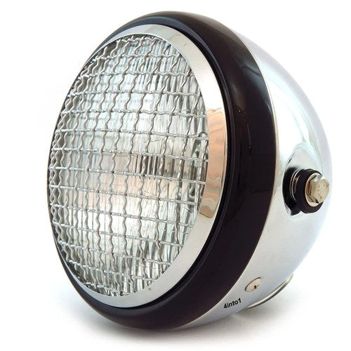 6.5" Side Mount H4 Halogen Motorcycle Headlight w/ Grill - Chrome Gloss Black