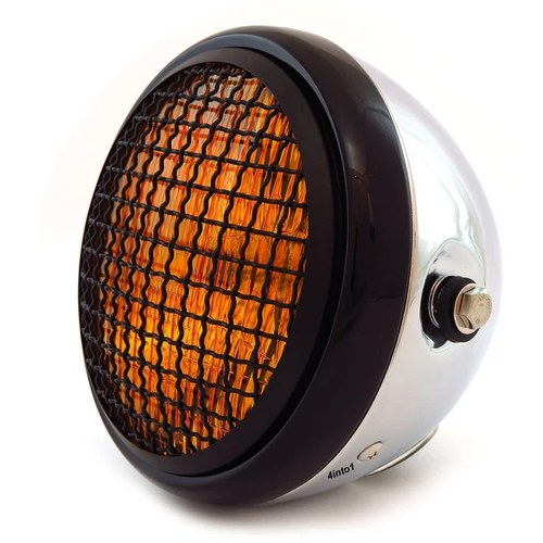 6.5" H4 Halogen Motorcycle Headlight w/ Grill - Chrome Gloss Black Matte Amber