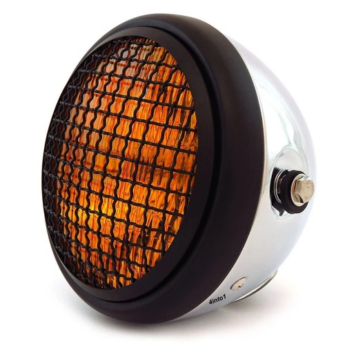 6.5" Side Mount H4 Halogen Motorcycle Headlight w/ Grill - Chrome Black Amber