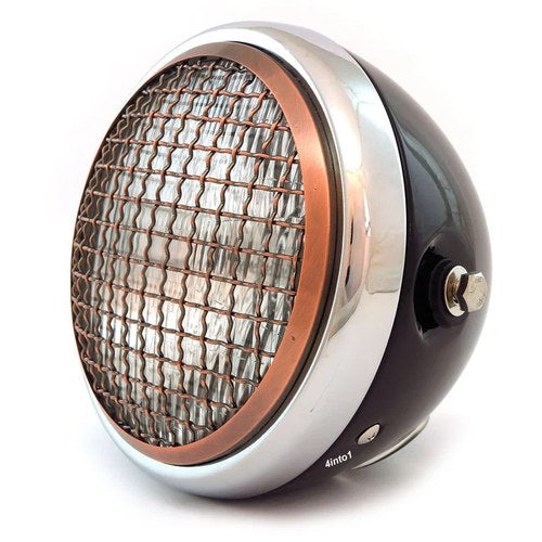 6.5" H4 Halogen Motorcycle Headlight w/ Grill - Gloss Black Chrome Bronze