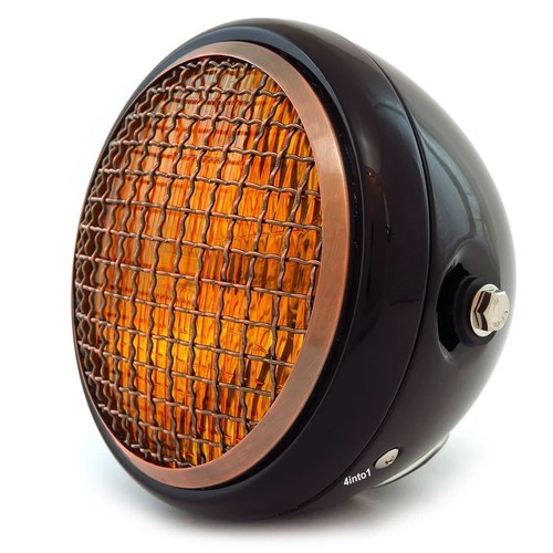 6.5" Side Mount H4 Halogen Motorcycle Headlight w/ Grill - Black Bronze Amber