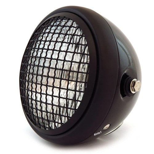 6.5" H4 Halogen Motorcycle Headlight w/ Grill - Matte Black Gloss Black