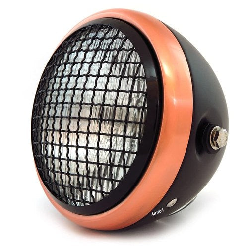 6.5" H4 Halogen Motorcycle Headlight w/ Grill - Matte Black Bronze Gloss Black