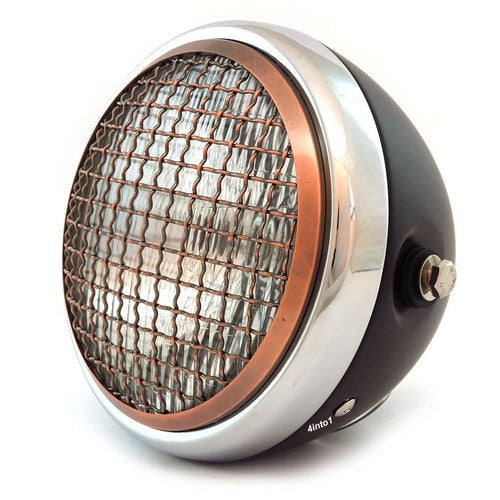 6.5" Side Mount H4 Halogen Motorcycle Headlight w Grill - Black Chrome Bronze