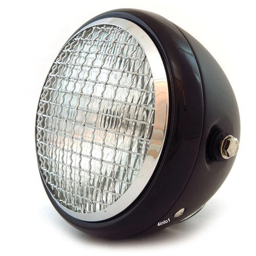 6.5" H4 Halogen Motorcycle Headlight w/ Grill - Matte Black Gloss Black Chrome