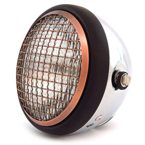 6.5" Side Mount H4 Halogen Motorcycle Headlight w Grill - Chrome Black Bronze
