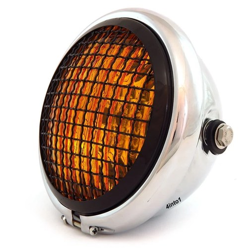 5.75" Halogen Motorcycle Headlight w/ Grill - Chrome Gloss Black - Amber