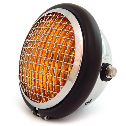 5.75" Halogen Motorcycle Headlight w/ Grill - Chrome Matte Black Chrome - Amber