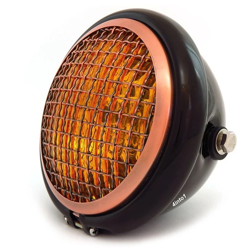 5.75" Halogen Motorcycle Headlight w/ Grill - Gloss Black Bronze - Amber