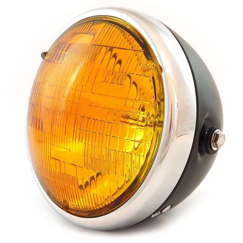 7" Custom Side Mount Motorcycle Headlight - Matte Black Chrome Amber H4 Halogen