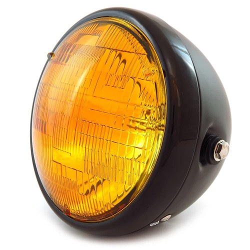 7" Custom Side Mount Motorcycle Headlight - Matte/Gloss Black - Amber H4 Halogen