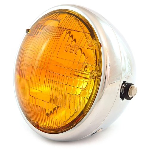 7" Custom Side Mount Motorcycle Headlight Spotlight - Chrome - Amber H4 Halogen