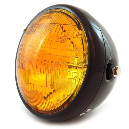 7" Custom Side Mount Motorcycle Headlight - Gloss Black - Amber - H4 Halogen